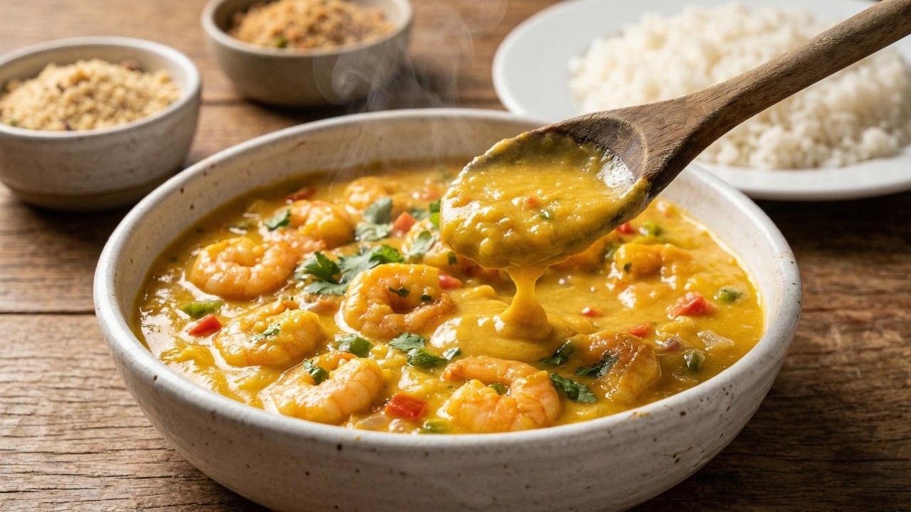 Misture camarão temperado com creme de mandioca e faça um bobó de camarão encorpado e saboroso