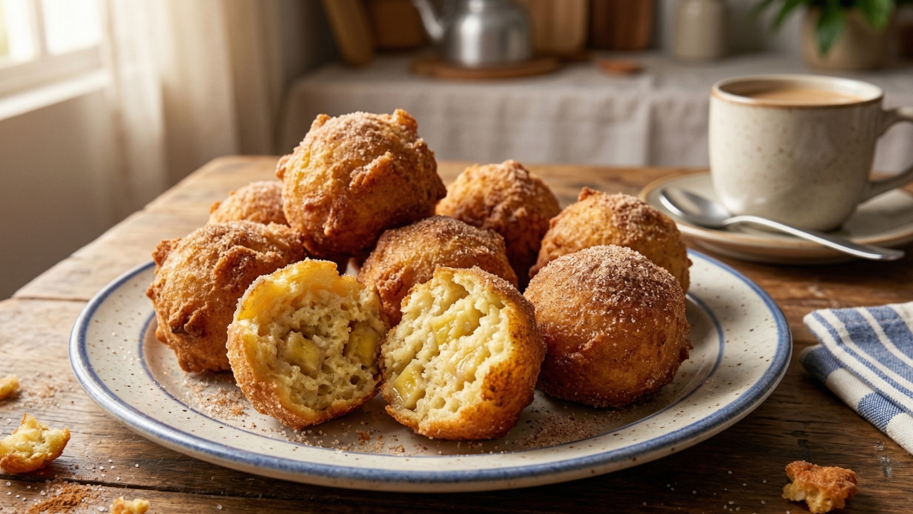 Esse bolinho de chuva com banana fica fofinho por dentro e douradinho por fora, perfeito para o café quentinho