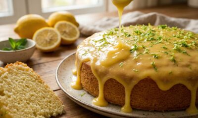 Esse bolo de limão fofinho com calda cremosa fica perfeito para servir no café da manhã