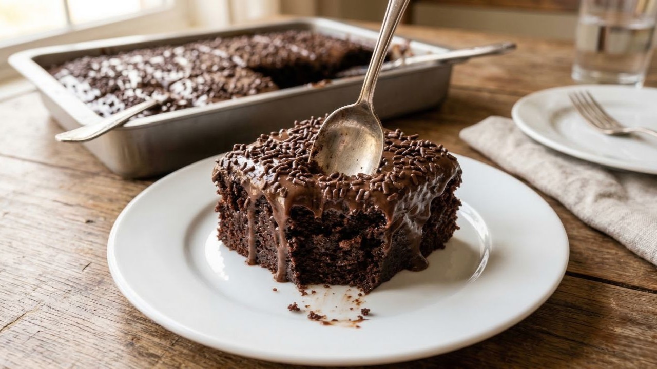 Misture leite condensado, creme de leite e chocolate e faça um bolo gelado de chocolate bem molhadinho