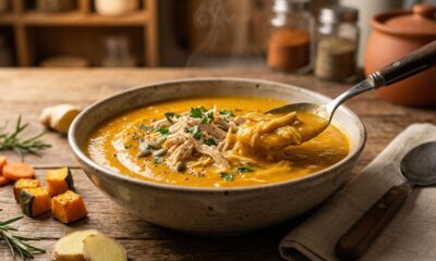 Misture abóbora, batata e frango e faça um caldo cremoso e nutritivo para o jantar