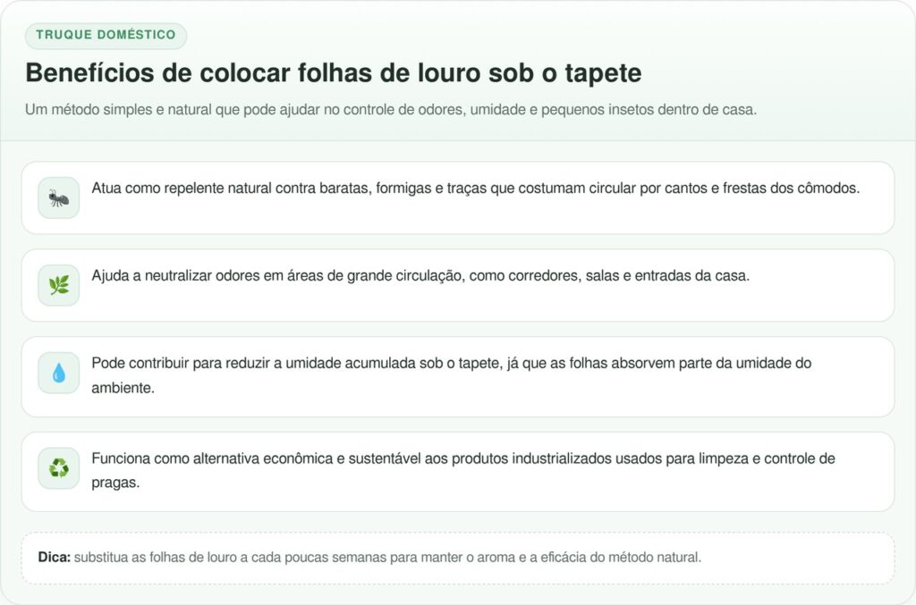 Colocar folha de louro debaixo do tapete virou um hábito em algumas casas por ajudar na rotina de cuidados com o ambiente.