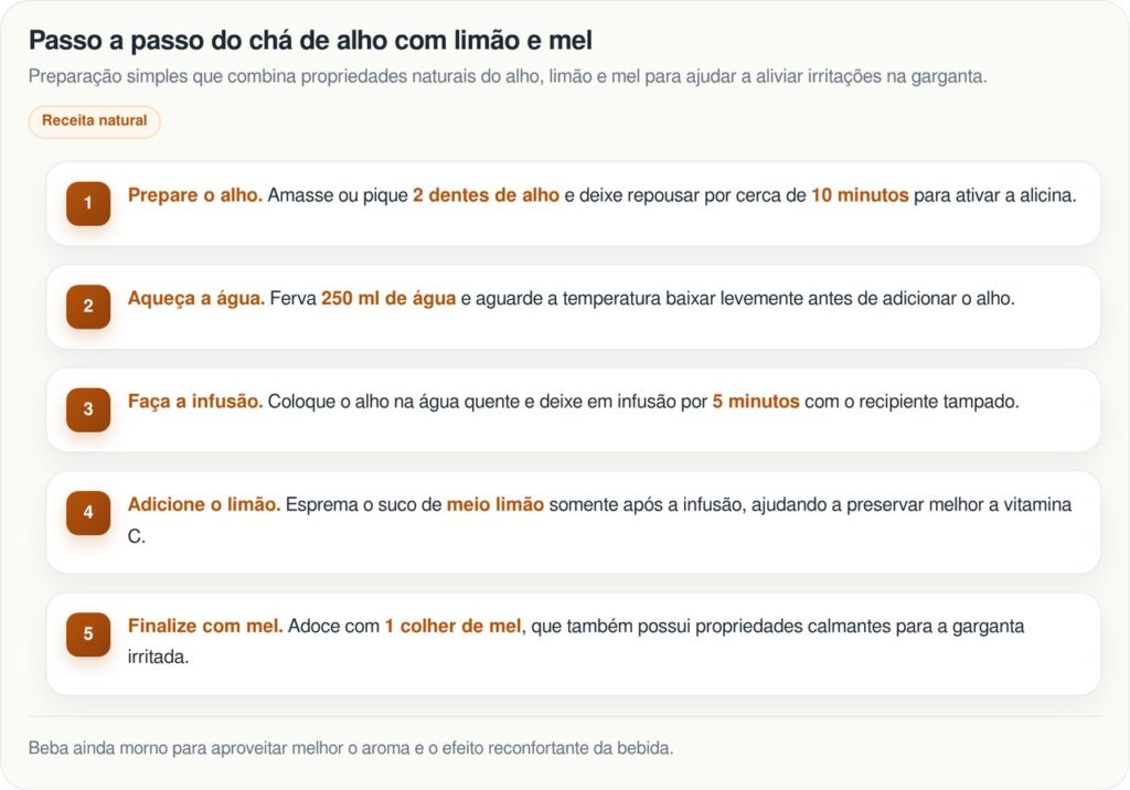 Chá de alho com limão costuma aliviar dor de garganta e fortalecer a imunidade