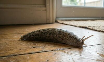 Lesma cinza-marrom se arrastando em chão de madeira, deixando rastro de muco.