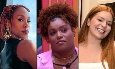 Colagem de três mulheres: Karol Conká, Camilla Maia e Viih Tube em close-up.