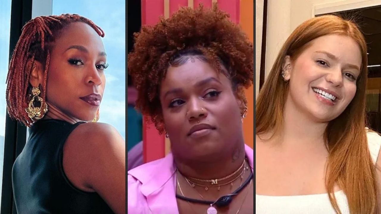 Colagem de três mulheres: Karol Conká, Camilla Maia e Viih Tube em close-up.