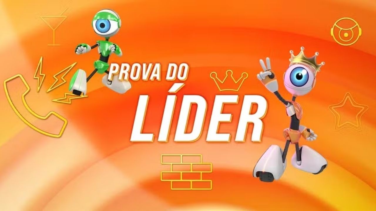 Ilustração com dois robôs do BBB, texto 'Prova do Líder', coroa e símbolos sobre fundo laranja.