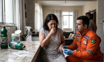 Mulher tossindo sendo examinada por socorrista ao lado de produtos de limpeza derramados.