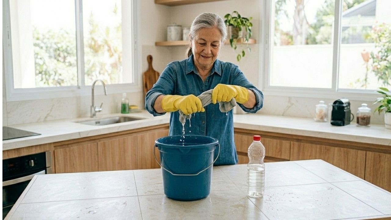 Mulher sorrindo com luvas amarelas espreme pano molhado em balde azul na cozinha.