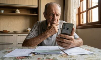 Homem idoso pensativo olhando para smartphone, com documentos sobre a mesa em casa.