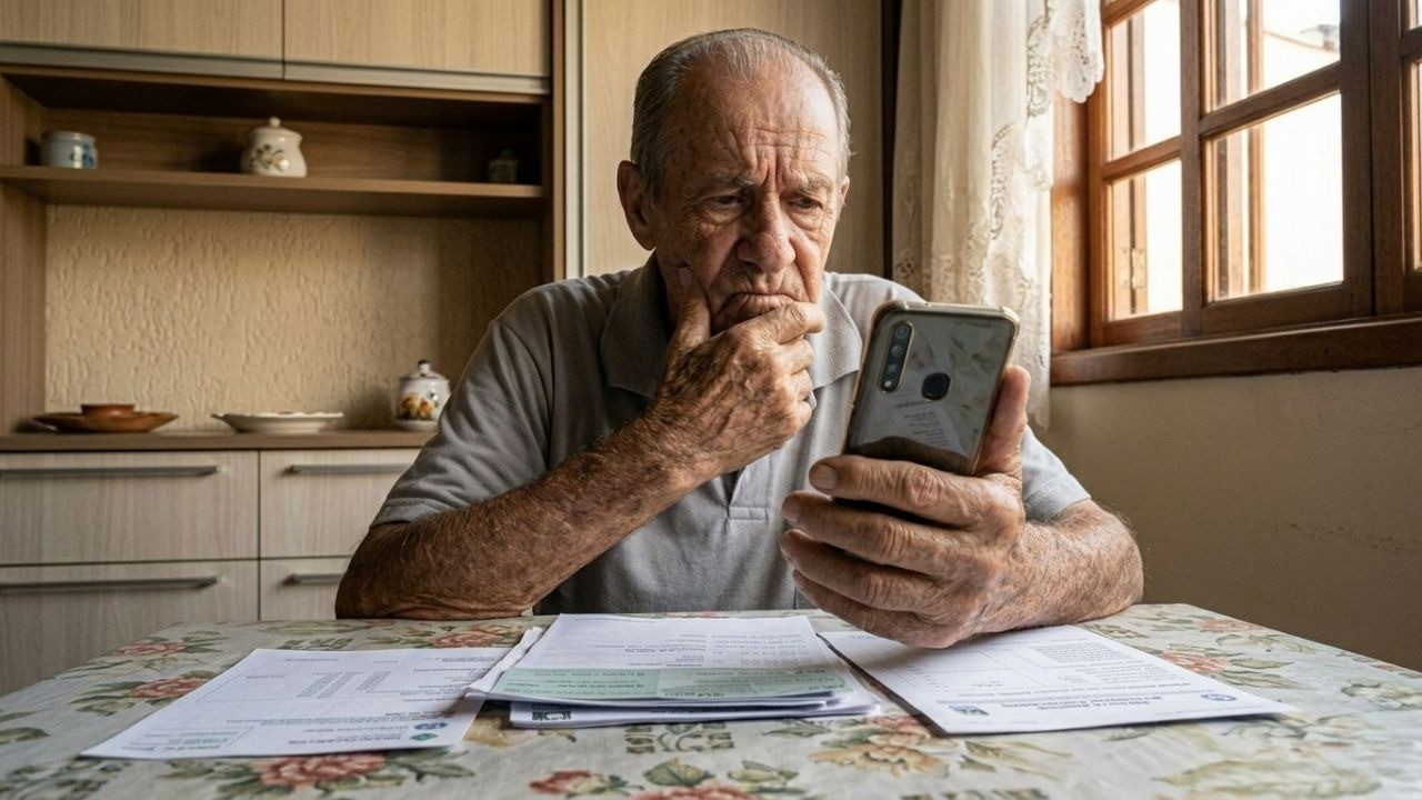 Homem idoso pensativo olhando para smartphone, com documentos sobre a mesa em casa.