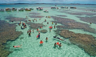 Vista aérea de piscinas naturais em Maragogi com águas cristalinas, barcos e muitas pessoas nadando.
