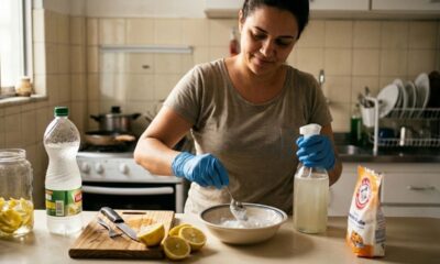 Mulher com luvas azuis mistura bicarbonato de sódio e limão para limpeza em cozinha.