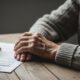 Mãos escrevendo documento enquanto mãos envelhecidas repousam sobre uma mesa de madeira.