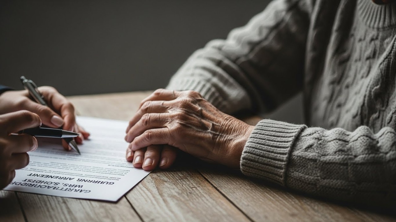 Mãos escrevendo documento enquanto mãos envelhecidas repousam sobre uma mesa de madeira.