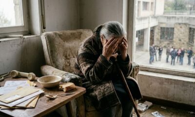 Uma idosa aflita sentada em poltrona gasta, rosto coberto, com telefone e pão em mesa.