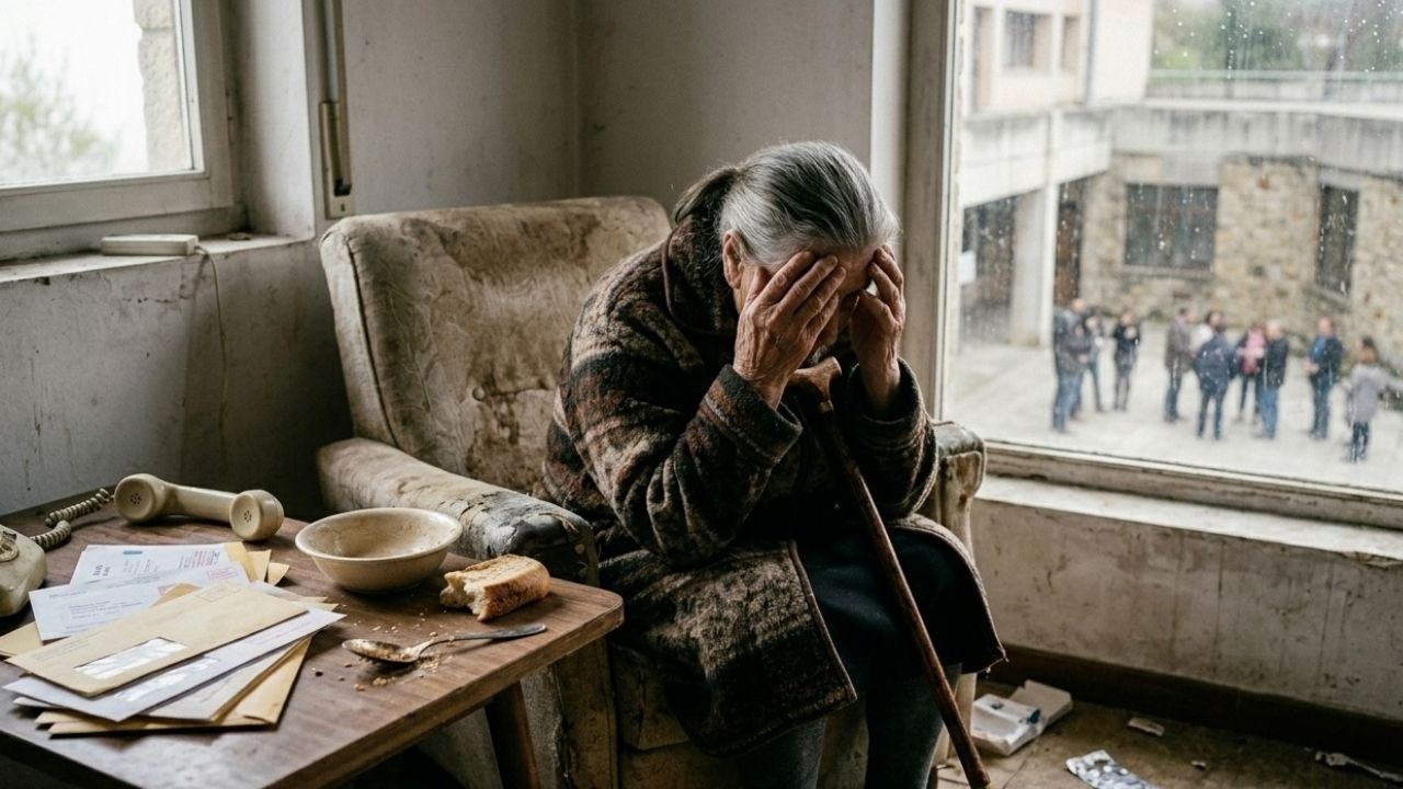 Uma idosa aflita sentada em poltrona gasta, rosto coberto, com telefone e pão em mesa.