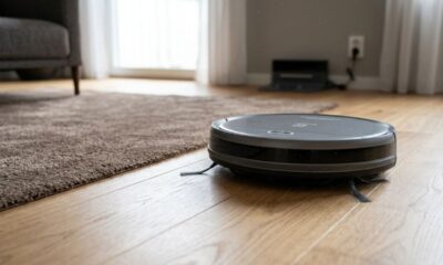 Aspirador robô cinza em piso de madeira claro ao lado de tapete marrom.