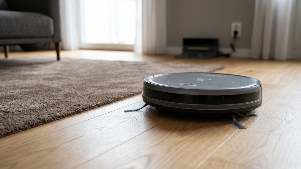 Aspirador robô cinza em piso de madeira claro ao lado de tapete marrom.