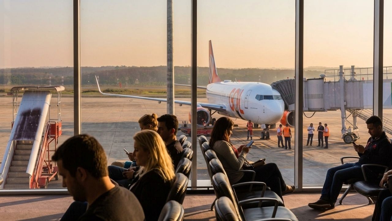 Pessoas esperam em saguão de aeroporto com avião da Gol e funcionários na pista.