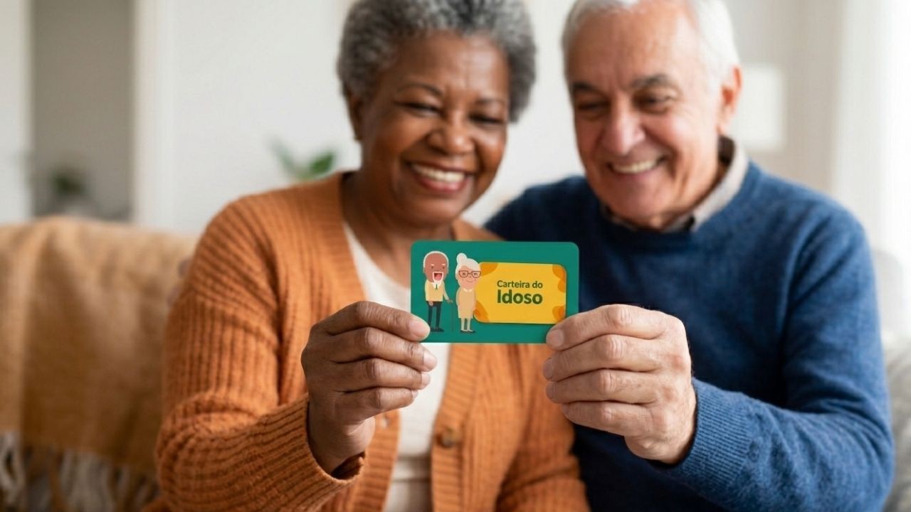 Casal de idosos sorrindo, segurando cartão verde 'Carteira do Idoso' com desenhos de idosos.