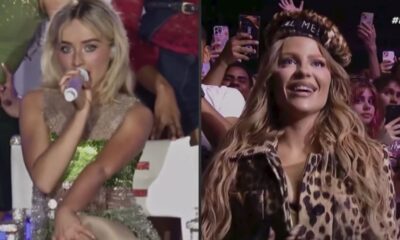 Imagem dividida: Sabrina Carpenter canta à esquerda; Luísa Sonza sorri em estampa de onça à direita.