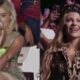 Imagem dividida: Sabrina Carpenter canta à esquerda; Luísa Sonza sorri em estampa de onça à direita.
