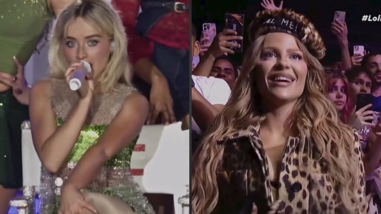 Imagem dividida: Sabrina Carpenter canta à esquerda; Luísa Sonza sorri em estampa de onça à direita.