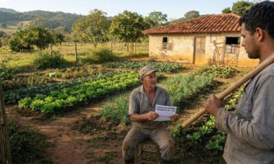Dois agricultores em horta, um segura documento: "GARANTIA-SAFRA: PAGAMENTO R$ 1.200".