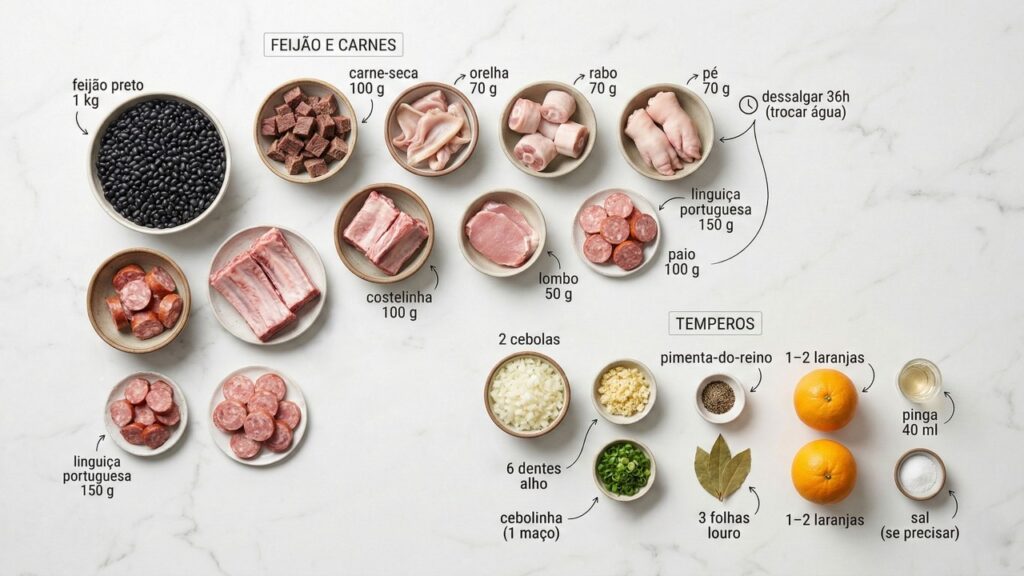 Feijoada bem caseira, com feijão encorpado e carnes macias que perfumam a casa inteira