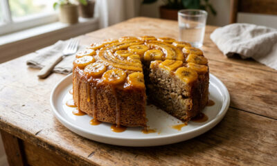 Esse bolo de banana de liquidificador fica pronto em minutos e tem uma camada caramelizada irresistível