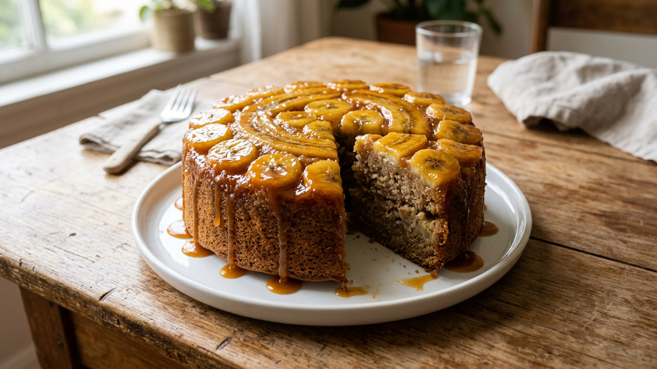 Esse bolo de banana de liquidificador fica pronto em minutos e tem uma camada caramelizada irresistível