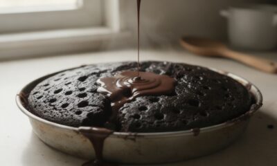 Misture chocolate em pó e água morna e prepare um bolo de brigadeiro quente bem molhadinho