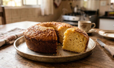 Esse bolo de fubá com parmesão fica pronto em 30 minutos e é perfeito para o café da manhã