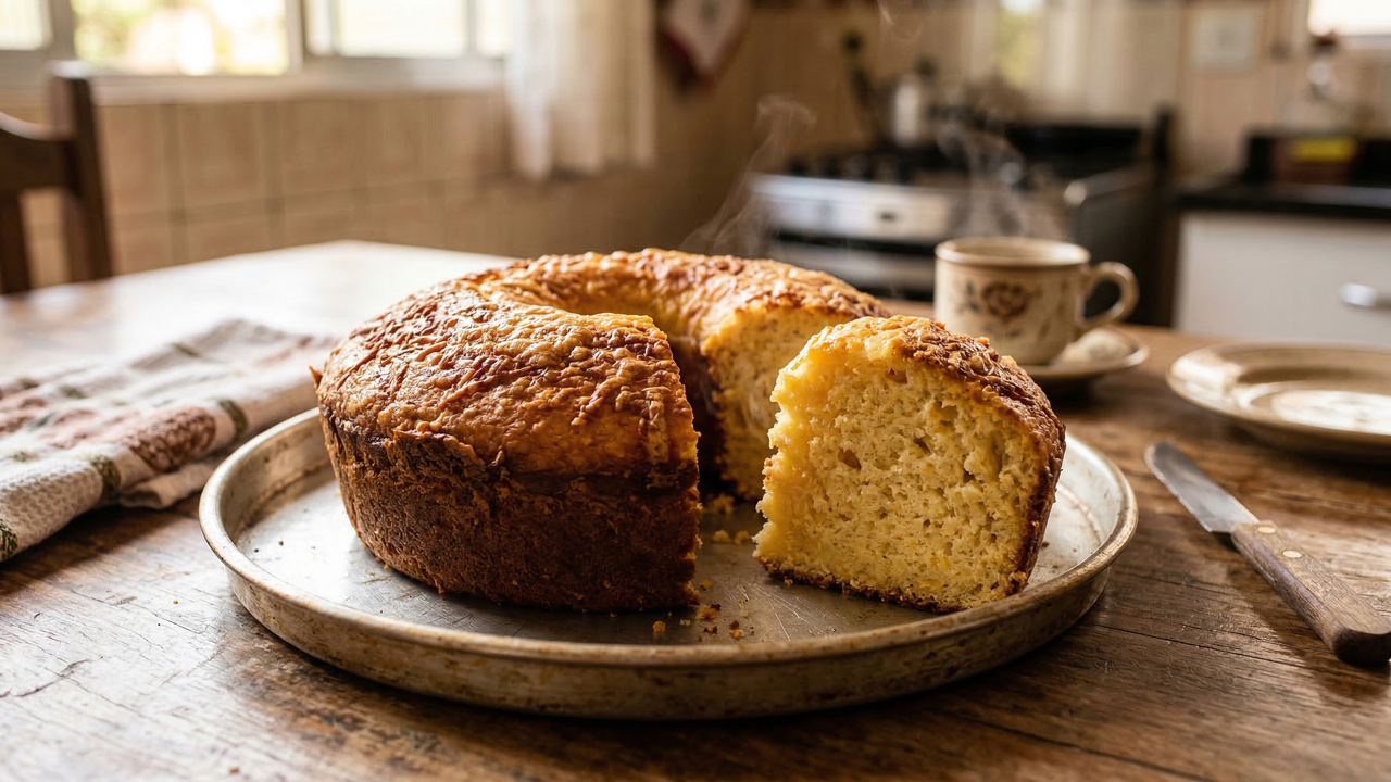Esse bolo de fubá com parmesão fica pronto em 30 minutos e é perfeito para o café da manhã