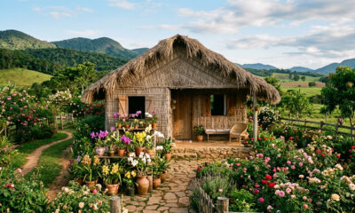 Jovem deixou a cidade grande e construiu uma casa de palha de 40m² com um jardim deslumbrante