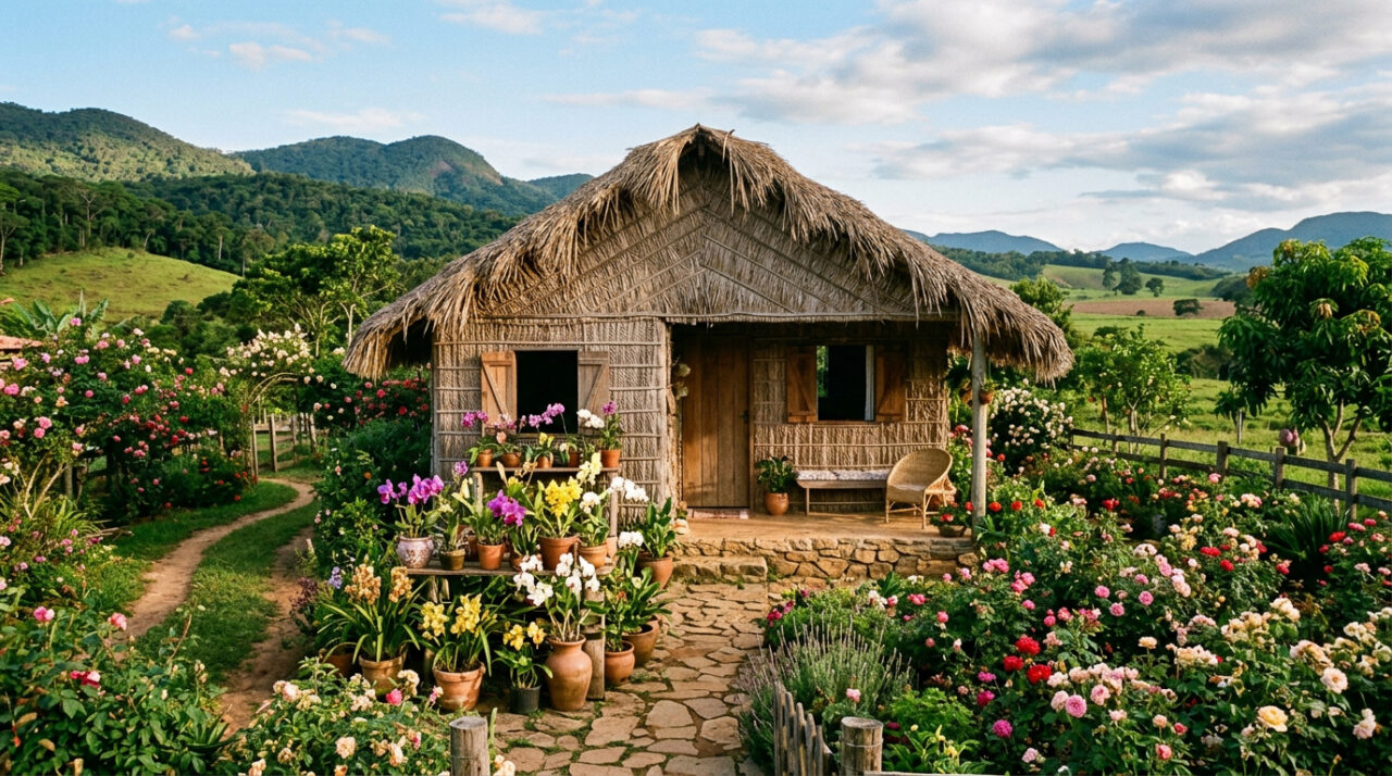 Jovem deixou a cidade grande e construiu uma casa de palha de 40m² com um jardim deslumbrante