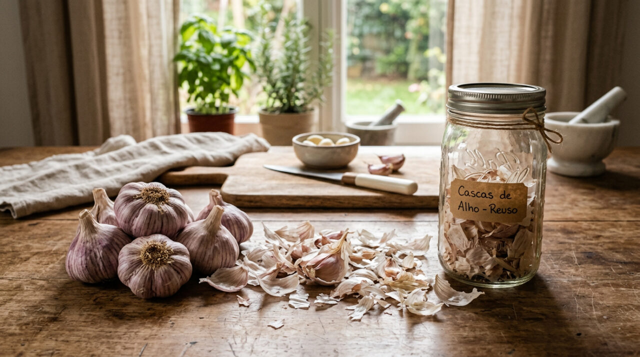 A casca de alho é um dos resíduos domésticos mais subestimados que existem, e jogá-la fora pode ser um erro que você vai querer corrigir. Rica em nutrientes, compostos bioativos e propriedades surpreendentes, ela tem usos práticos tanto dentro de casa quanto no jardim, transformando o que parecia lixo em um recurso valioso para o seu lar e para as suas plantas. Por que a casca de alho é tão valiosa para o lar? A casca de alho concentra grande parte dos compostos presentes no bulbo, incluindo alicina, flavonoides e antioxidantes, que se mantêm ativos mesmo após o descascamento. Esses elementos fazem dela um ingrediente funcional para diversas aplicações domésticas, desde a limpeza de ambientes até o cuidado com plantas. Além disso, reaproveitar a casca de alho é uma prática alinhada ao conceito de casa sustentável, reduzindo o desperdício orgânico e aproveitando ao máximo o que a natureza oferece. É economia, praticidade e consciência ambiental em um único gesto. Como usar a casca de alho no jardim e nas plantas? No jardim, a casca de alho funciona como um poderoso aliado natural. Suas propriedades antifúngicas e repelentes ajudam a proteger as plantas de pragas e doenças sem o uso de produtos químicos, tornando o cultivo mais saudável e orgânico. Veja as principais formas de usar a casca de alho no jardim: Chá de casca de alho: ferva as cascas em água, deixe esfriar e aplique no solo ou nas folhas como fungicida e repelente natural de insetos. Compostagem: as cascas se decompõem rapidamente e enriquecem o composto com nutrientes essenciais para o solo. Cobertura do solo (mulching): espalhe as cascas secas ao redor das plantas para reter umidade e inibir o crescimento de ervas daninhas. Repelente de pragas: polvilhe cascas trituradas ao redor dos vasos para afastar lesmas, pulgões e outros insetos indesejados. Quais são os usos da casca de alho dentro de casa? Dentro de casa, a casca de alho também tem muito a oferecer. Ela pode ser usada na cozinha, na limpeza e até no cuidado com o ambiente doméstico, aproveitando suas propriedades naturais de forma simples e eficiente. Confira algumas aplicações práticas no cotidiano do lar: Aromatizador natural: queime levemente as cascas secas para liberar um aroma suave que ajuda a neutralizar odores indesejados em ambientes fechados. Caldo caseiro: cozinhe as cascas junto com legumes e ervas para preparar um caldo saboroso e nutritivo, rico em minerais. Limpeza de superfícies: o chá concentrado de casca de alho tem ação antimicrobiana e pode ser usado para higienizar bancadas e superfícies da cozinha. Controle de formigas: espalhe cascas picadas em locais de passagem de formigas para criar uma barreira natural e eficaz. Como armazenar e preparar a casca de alho para reutilização? Para aproveitar ao máximo a casca de alho, o armazenamento correto é essencial. Guarde as cascas em um recipiente limpo e seco, longe da umidade, e acumule-as ao longo da semana antes de utilizá-las nas aplicações desejadas. Para secá-las rapidamente, espalhe as cascas em uma assadeira e leve ao forno em temperatura baixa por cerca de 10 minutos. Cascas bem secas duram mais tempo, são mais fáceis de triturar e rendem preparos mais concentrados, seja para o jardim ou para uso interno na casa. Vale a pena mudar o hábito e guardar a casca de alho? Definitivamente sim. Incorporar o reaproveitamento da casca de alho à rotina doméstica é uma mudança simples que traz benefícios reais para o lar, para o jardim e para o meio ambiente. Com poucos passos, você transforma um resíduo comum em um recurso versátil e gratuito. Seja para cuidar das plantas, limpar a casa ou preparar receitas mais nutritivas, a casca de alho merece um lugar especial na sua rotina de casa sustentável. Comece a guardar as cascas hoje e descubra na prática o quanto esse pequeno hábito pode fazer a diferença no seu dia a dia.