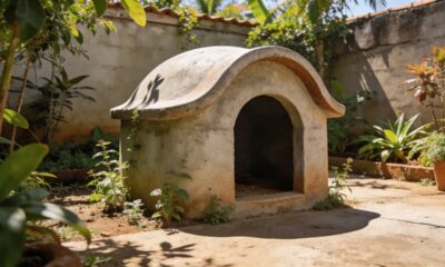 Ele construiu uma casinha de cachorro com cimento que virou destaque no jardim