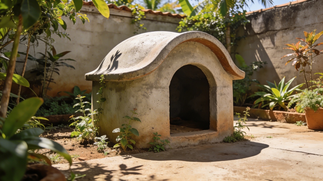 Ele construiu uma casinha de cachorro com cimento que virou destaque no jardim