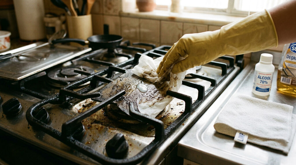 Basta uma gota no lenço umedecido para remover a gordura do fogão sem esforço, nem produtos caros