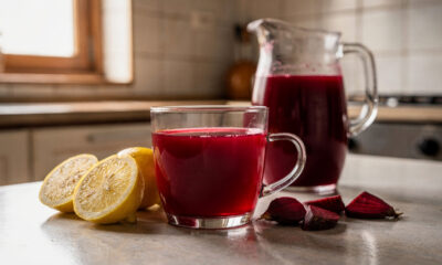 Misture beterraba, limão e água e prepare um suco de beterraba com limão bem refrescante