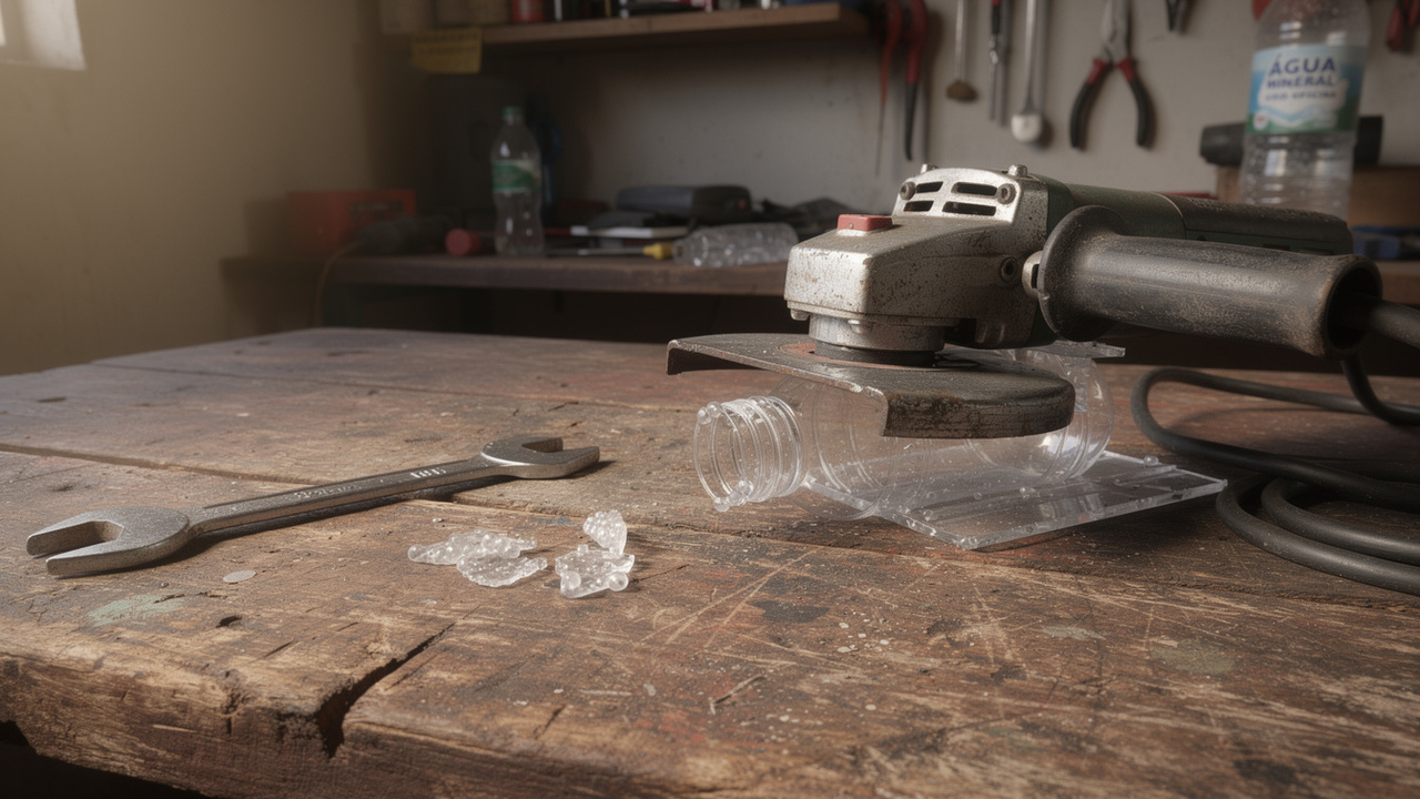 Essa garrafa plástica com cola quente pode render um apoio lateral improvisado na oficina