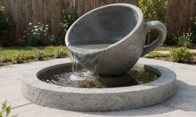 Ele não comprou uma fonte decorativa construiu uma xícara gigante com efeito cascata