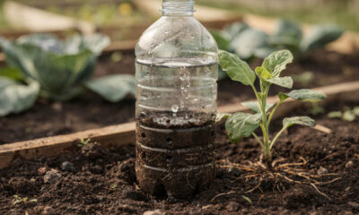Enterre uma garrafa plástica ao lado da planta e resolva um problema comum no jardim