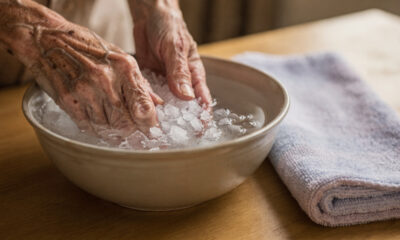 Como preparar uma compressa de água morna e sal para aliviar rigidez nas mãos de idosos