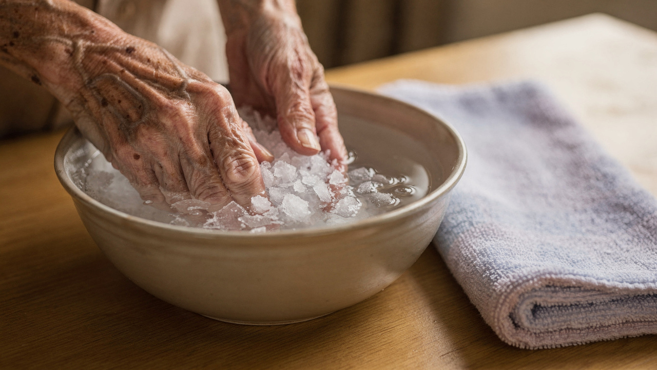 Como preparar uma compressa de água morna e sal para aliviar rigidez nas mãos de idosos