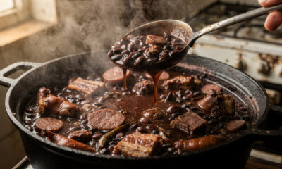 Feijoada bem caseira, com feijão encorpado e carnes macias que perfumam a casa inteira