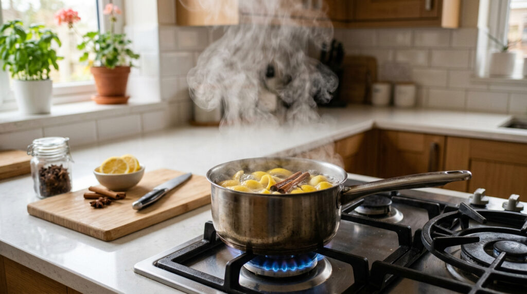 Panela com água quente, cascas de limão, paus de canela e alguns cravos sobre fogão aceso, vapor subindo no ambiente de cozinha simples, preparo de aromatizador natural caseiro