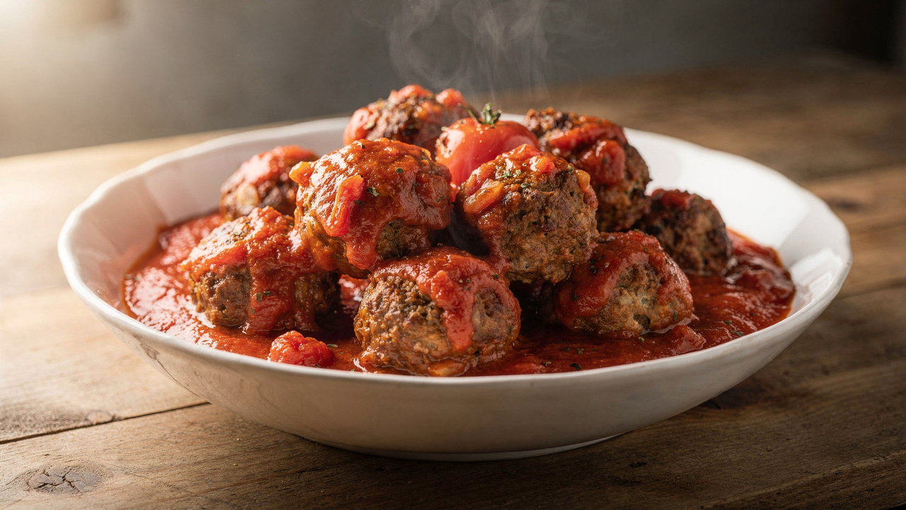 Misture carne moída, ovo e cebola e faça almôndegas macias cozidas em molho de tomate